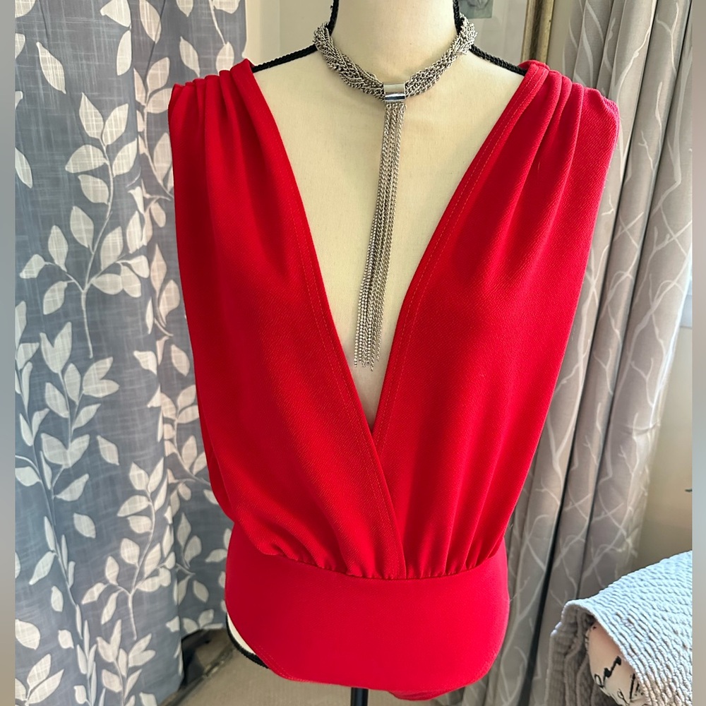 Red Deep Plunge Neck Sleeveless bodysuit